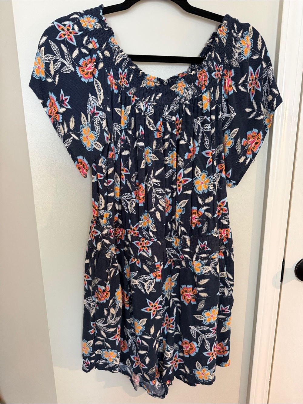 LOFT Navy Floral Smocked Romper Medium